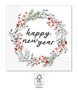 Decorata Seasonal Napkin Designs - FSC 3-Ply Paper Napkins 33x33cm Happy New Year Wreath - 95389