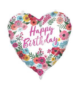 Decorated Foil Balloons - "Happy Birthday Floral" Heart Foil Balloon 46 cm - 92428