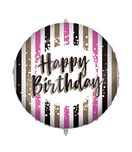 Decorated Foil Balloons - "Happy Birthday Pink Gold Stripes" Round Foil Balloon 46 cm - 92430
