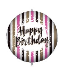 Decorated Foil Balloons - "Happy Birthday Pink Gold Stripes" Round Foil Balloon 46 cm - 92430