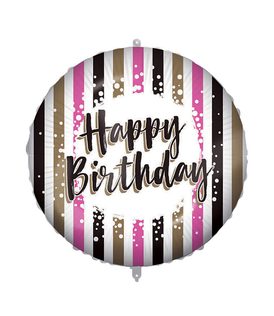 Decorated Foil Balloons - "Happy Birthday Pink Gold Stripes" Round Foil Balloon 46 cm - 92430