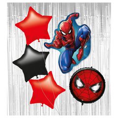 Spider-Man Crime Fighter - Bouquet Foil Balloon Including 1 super size shaped foil balloon 68.5x88cm, 3 shaped star foil balloons 46cm, 1 decorated foil balloon 46cm & 1 silver door curtain - 98092